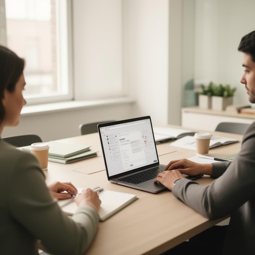 Two professionals collaborating on a laptop in a bright modern office